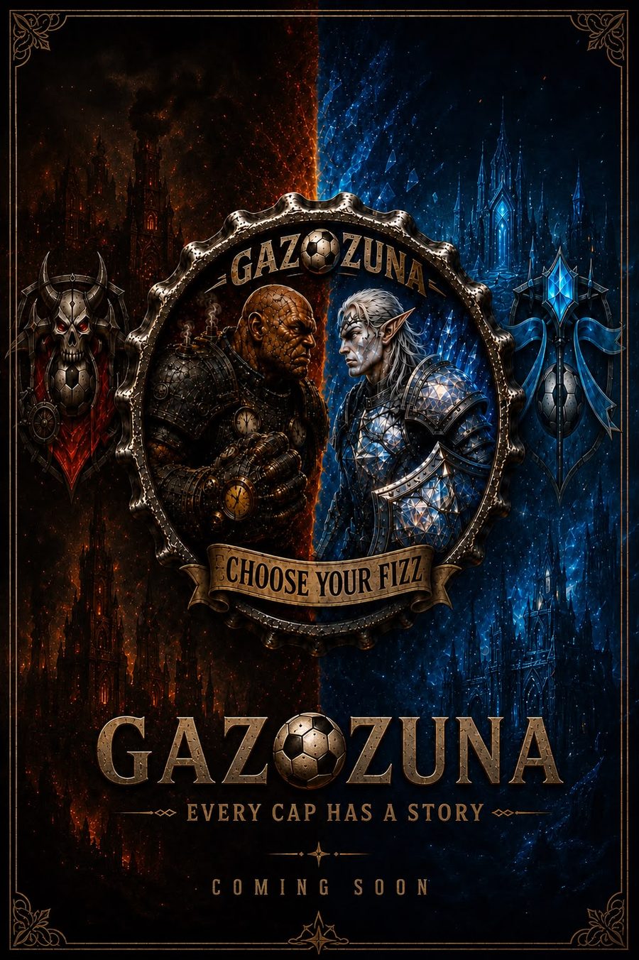 Gazozuna — Choose your fizz. Ateş ve buz tarafına bölünmüş bir gazoz kapağının içinde karşı karşıya duran iki savaşçı.